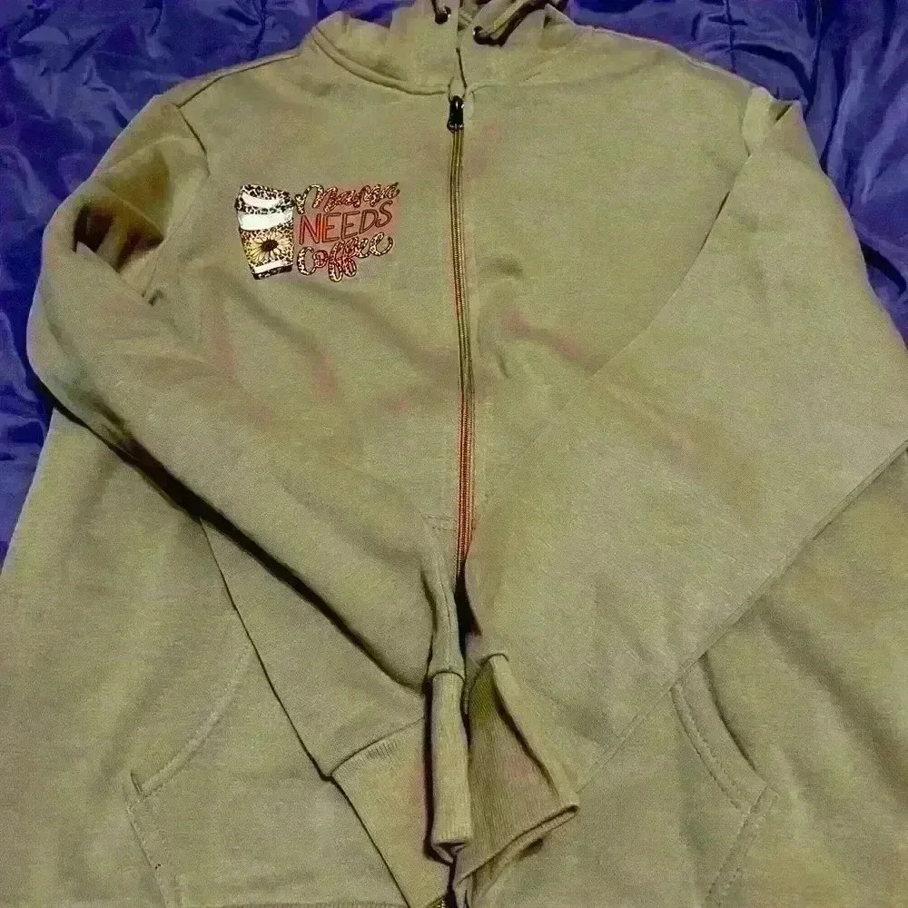 One of a kind  brown zip up hoodie “mama needs a coffee” custom size medium
